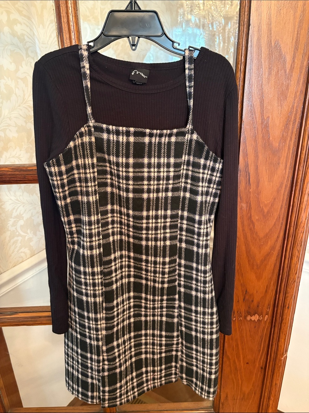 art class Black & White Plaid Layered Slip Dress with Black Top